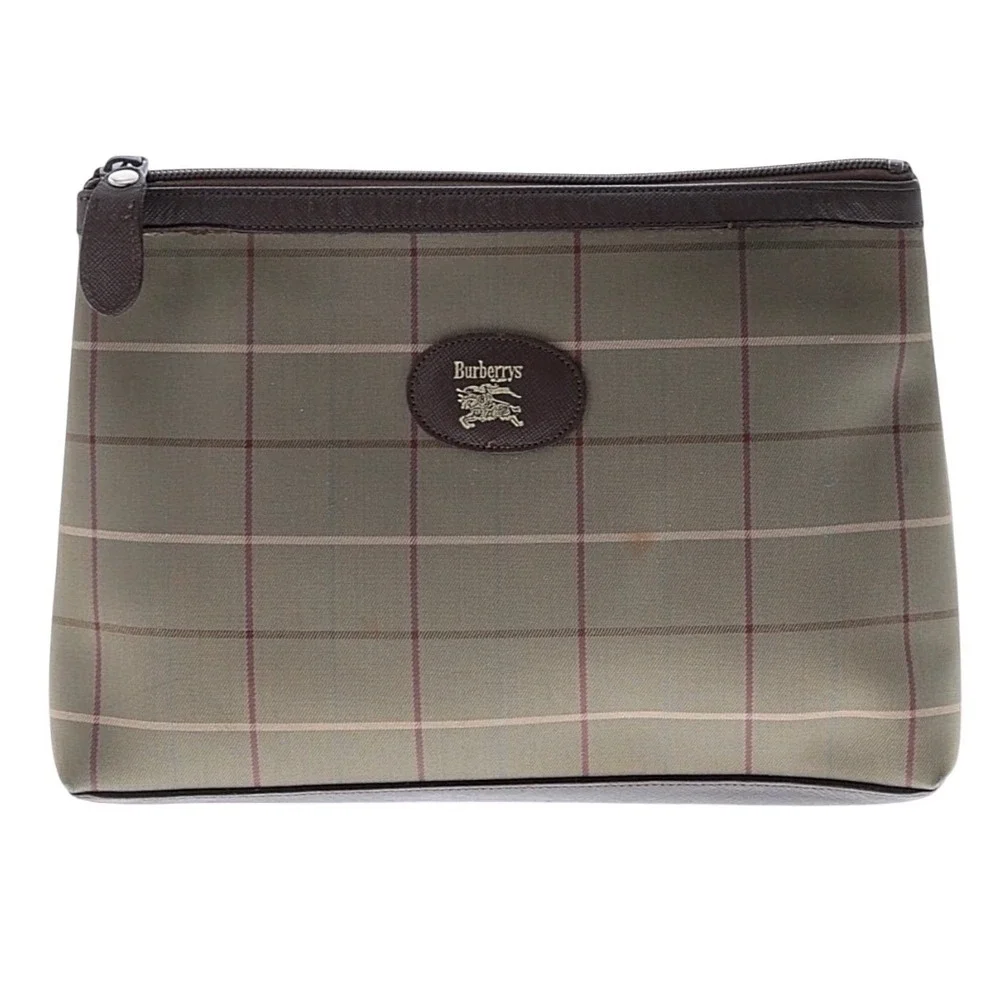 Vtg Burberrys Nova Check Pouch Brown Leather Trim Cosmetic Bag London Travel